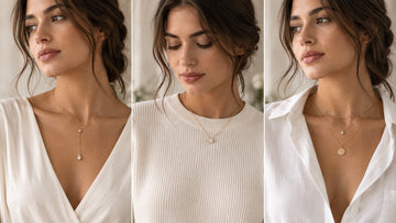 Gold-tone necklaces styled with a V-neck, crew neck, and open shirt