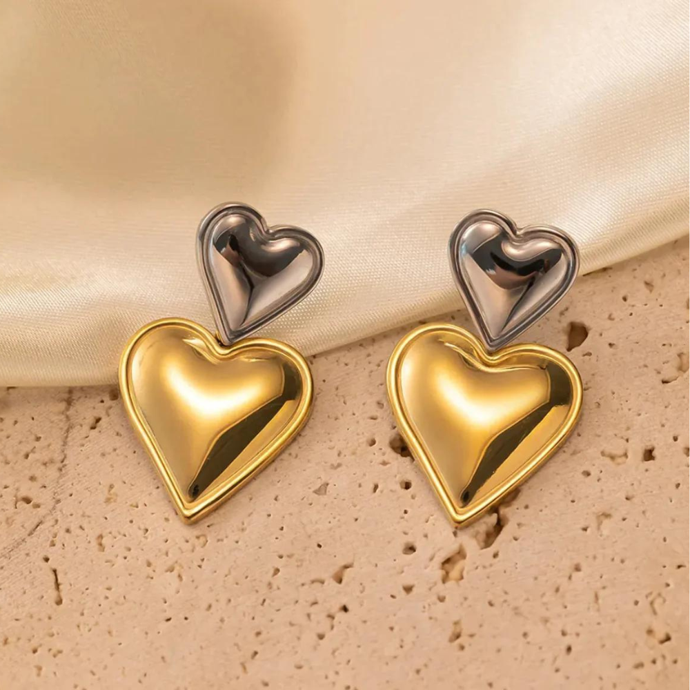 Double Heart Earrings - Statement Earring with Two Hearts