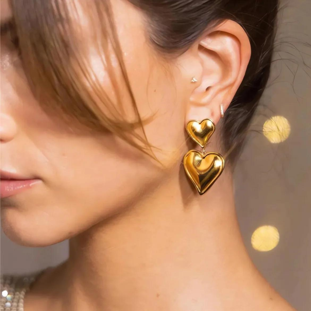 Double Heart Earrings - Statement Earring with Two Hearts