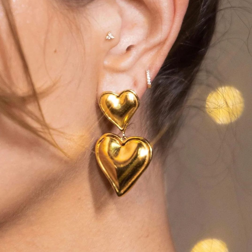 Double Heart Earrings - Statement Earring with Two Hearts