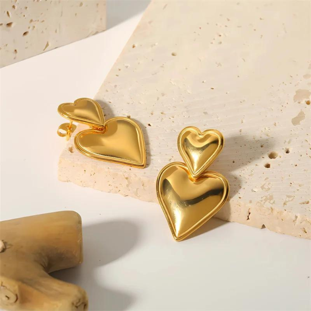 Double Heart Earrings - Statement Earring with Two Hearts