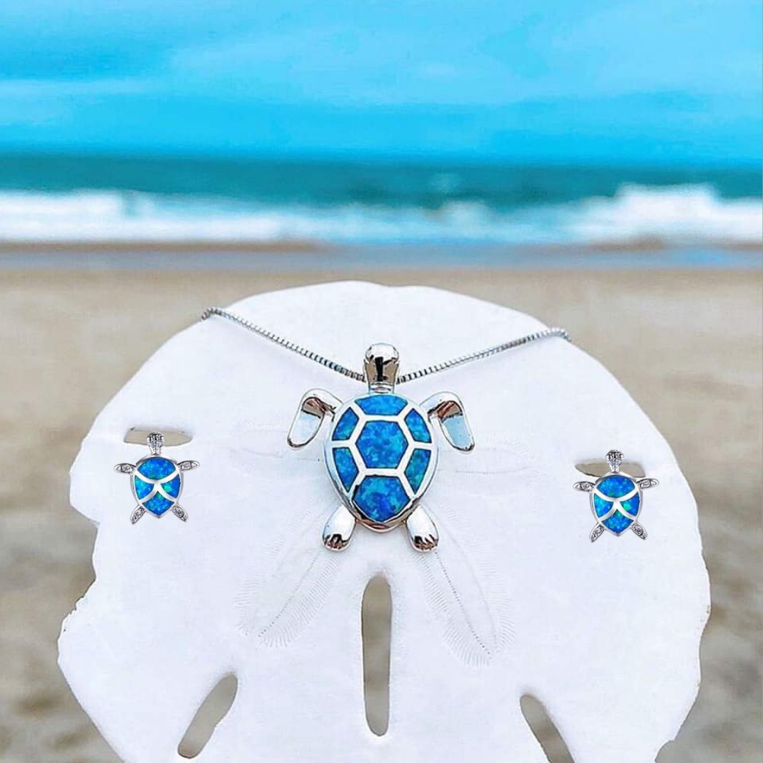 Kailea – Set of opal and silver turtle jewelry (necklace + earrings)